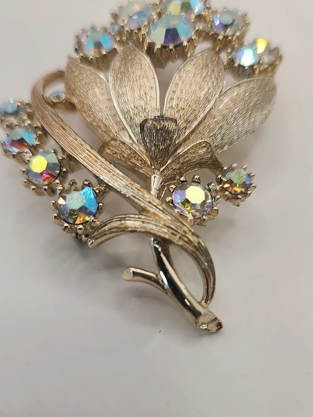 Vintage Signed CORO Brooch Silver Tone w/ Aurora Borealis Rhinestones